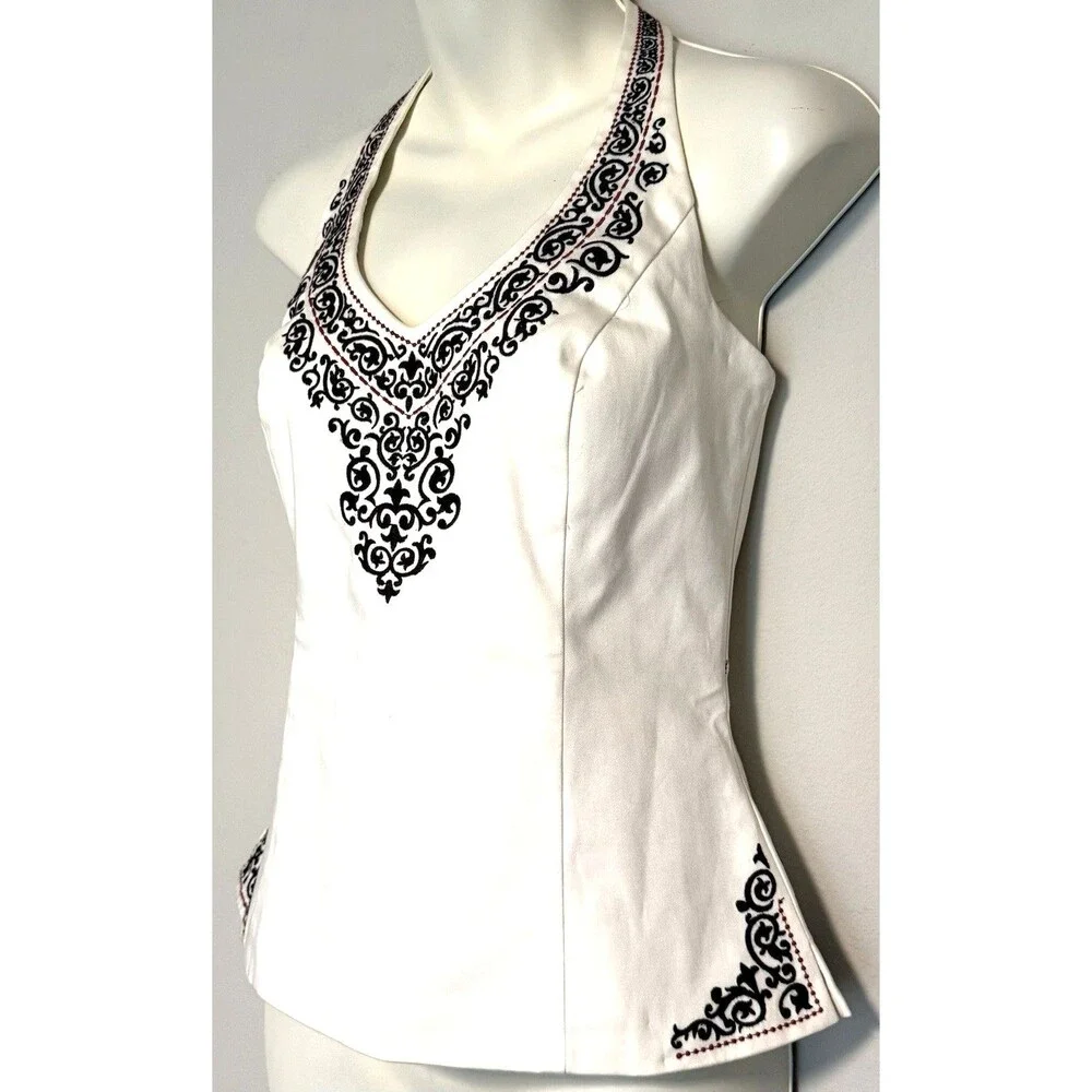 White House Black Market Structured Halter Top Sz US 8 Cotton Embroidered Lined